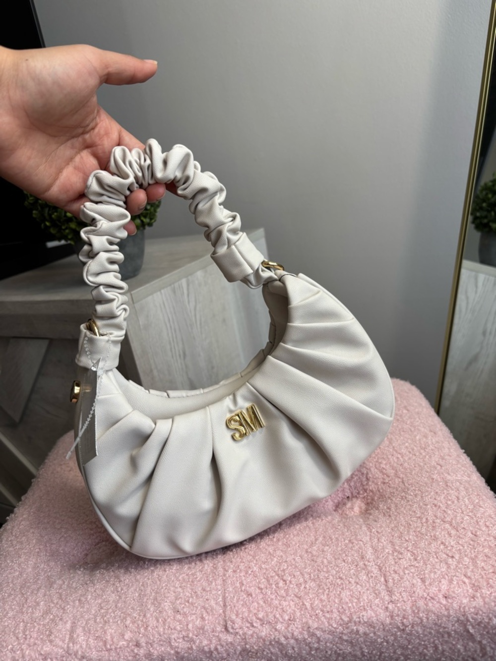 Steve Madden Cream Ruched Mini Hobo Bag with Gold SM Accent